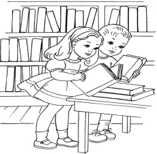 Раскраски библиотека, Раскраска Библиотека мальчик и девочка в библиотеке  читают книги .